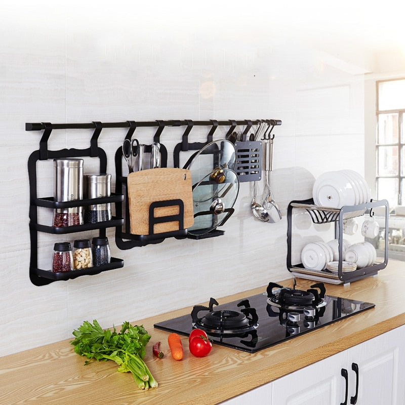 Multifunction aluminum black kitchen shelf wall hanging