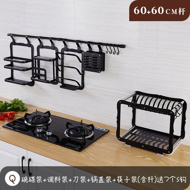 Multifunction aluminum black kitchen shelf wall hanging