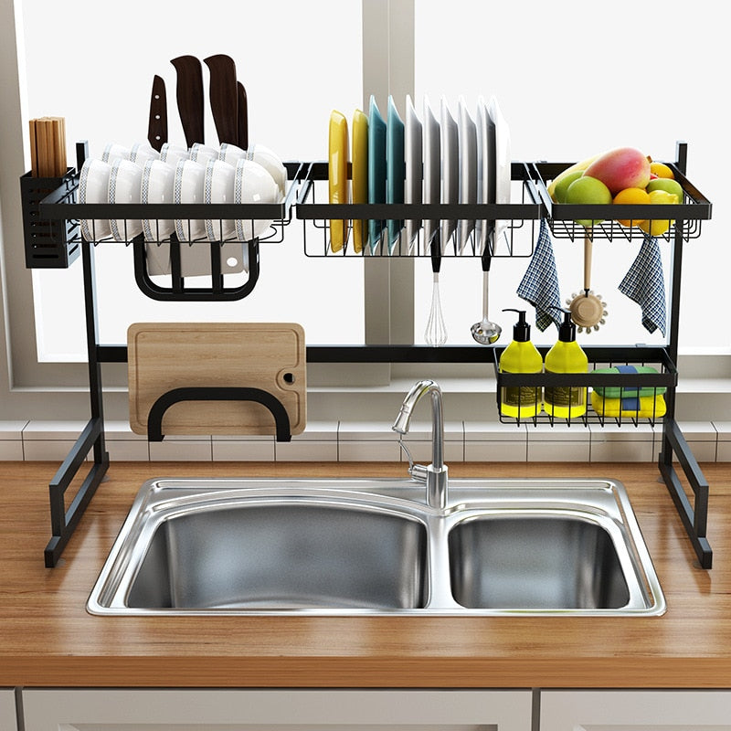 Black 65/85 cm Stainless steel kitchen dish rack, sink Two layers